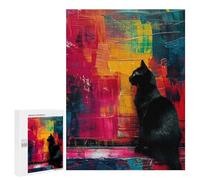 Puzzles 500 PCS pour Adultes Black Cat on Abstract Background Puzzles pour Adultes Jeux Amusants Vacances À La Maison Passer Le Temps pour Un Anniversaire, Noël 500 PCS