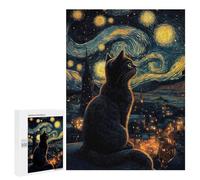 Puzzles 500 PCS pour Adultes Black Cat Under Starry Night Jeu De Puzzle Casse-tête Cadeaux pour Femmes Activités Amusantes À La Maison 500 PCS