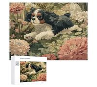 Puzzles 500 PCS pour Adultes Cavalier King Charles Spaniel in Flowers Jeu De Puzzle Casse-tête Cadeaux pour Femmes Activités Amusantes À La Maison 500 PCS