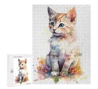 Puzzles 500 PCS Watercolor Manx Cat Kitten Puzzles pour Adolescents Jeux Relaxants Défi Difficile Cadeaux Uniques d'anniversaire Et De Noël 500 PCS