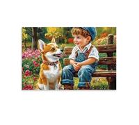 Puzzles Adultes 1000 Pièces ColoréesGarçon et Chien assisDéfis Parfait Soie de Jeu Bricolage Maison Décoration Murale Cadeaux Noël Nouvel an Anniversaire 50x70cm