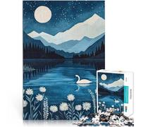 Puzzles Adultes 1000 pièces Lac au Clair de Lune avec Cygne, éclairs, étoiles, Pleine Lune, Montagnes abstraites enneigées et Fleurs Blanches au Bord du lac Bon Cadeau 38x26cm