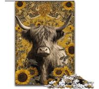 Puzzles Adultes 1000 pièces Vaches des Highlands et tournesols en Bois, activité Amusante à Faire à la Maison Taille 50X75CM Activité de Jeu familiale engageante
