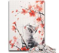 Puzzles aquarelles pour Adolescents, Motif Chat et Fleurs de Cerisier, 1 000 pièces, Anti-Stress, pour Passer Le Temps à la Maison, avec Affiche et fiche de Questions-réponses (50x75cm)