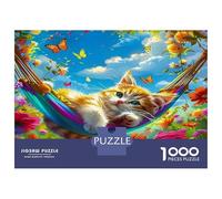 Puzzles Chat Mignon 1000 Pièces Papier Recyclé Chatons se Détendant dans Un Hamac Floral pour Adultes Jeu Éducatif Détente Défi Très Difficile 38x26cm