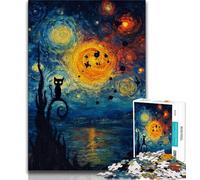 Puzzles Chat Noir Ciel Étoilé pour Adultes 1000 Pièces, Aidez Le Cerveau à Exercer des Jouets Addictifs pour Cultiver la Patience, Superbe Cadeau (38x26cm)