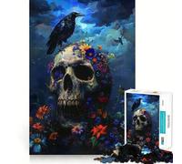 Puzzles Corbeau Crâne Fleurs pour Adultes 1000 Pièces Renforce la Mémoire Soulage l'Anxiété Bords Lisse Surprise Chaleureuse (38x52cm)