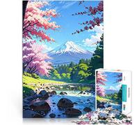Puzzles de 1000 pièces Adultes Fleur de Cerisier Japon Art Fuji Montagne Printemps Paysage Vert forêt Arbres lac et rochers Style Anime coloré Mignon scène Nuages Blancs et Ciel 38x26cm