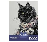 Puzzles De 1000 Pièces Black Cat with Flowers Painting Puzzles pour Adolescents Améliorent La Mémoire Difficiles Et Stimulants Casse-tête Jeux De Société en Famille 52x38cm/1000pcs