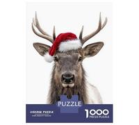 Puzzles De 1000 Pièces - Christmas Elk with Santa Hat Portrait Puzzle Casse-tête, Jeu De Réflexion, Décoration Murale, Idéal comme Cadeau pour Toute La Famille 38x26cm/1000pcs