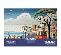 Puzzles De 1000 Pièces - City Life Vibrant Urban Scene with People Walking, Bus, and Ocean View Puzzle Casse-tête, Jeu De Réflexion, Décoration Murale, Idéal comme Cadeau pour Toute La Famille 38x26c