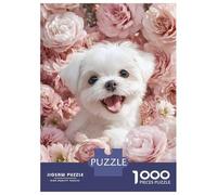 Puzzles De 1000 Pièces Cute White Dog Surrounded by Pink Flowers Puzzle Anti-Stress, Décoration Murale, Cadeaux Uniques pour Anniversaire Et Noël 70x50cm/1000pcs
