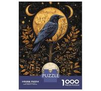 Puzzles De 1000 Pièces Mystical Raven and Skull Under Golden Moon Puzzle Adulte Jeu Manuel Défi Difficile Interaction Parent-Enfant 70x50cm/1000pcs