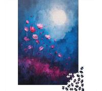 Puzzles De 1000 Pièces Pink Flowers Moon Night Art Print Puzzles pour Adultes Améliore La Mémoire Défi Éducatif Jouets Jeux Éducatifs 70x50cm/1000pcs