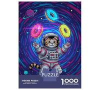 Puzzles De 1000 Pièces pour Adolescents Astronaut Cat Juggling Donuts in Space Puzzle pour Adultes Jeu Familial Course De Vitesse Manuelle Cadeaux Uniques pour Anniversaire Et Noël 70x50cm/1000pcs