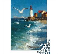 Puzzles De 1000 Pièces pour Adolescents Beach Lighthouse Seagulls Painting Puzzles pour Adultes, Jeu Familial, Assemblage De Motifs, Cadeaux d'anniversaire Uniques 38x26cm/1000pcs