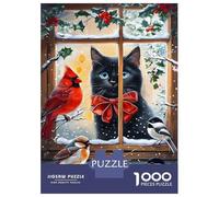 Puzzles De 1000 Pièces pour Adolescents Black Cat & Birds Winter Window Puzzle Jeux Relaxants Cadeaux pour Femmes Cadeaux De Noël Et d'anniversaire 52x38cm/1000pcs