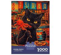 Puzzles De 1000 Pièces pour Adolescents Black Cat Eating Octopus and Drinking Soda Puzzles pour Adultes Assemblage De Motifs Stimule Le Cerveau Jeu Stimulant 38x26cm/1000pcs