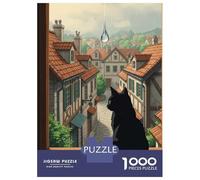 Puzzles De 1000 Pièces pour Adolescents Black Cat Gazing at Rainy Town Puzzle Adulte Jeu Manuel Cadeaux pour Femmes pour Anniversaire, Noël 38x26cm/1000pcs