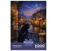 Puzzles De 1000 Pièces pour Adolescents Black Cat in Venice at Night Puzzle pour Adolescents, Activités Familiales pour Anniversaire, Noël Et Cadeaux Uniques 38x26cm/1000pcs