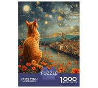 Puzzles De 1000 Pièces pour Adolescents Cat Gazing at Florence Night Sky Puzzles pour Adultes Améliore La Mémoire Interaction Parent-Enfant Jouet Jeu Intellectuel 52x38cm/1000pcs