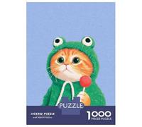 Puzzles De 1000 Pièces pour Adolescents Cat in Frog Hoodie with Lollipop Puzzles pour Adolescents, Jouets À Monter Soi-même, Analyse Et Logique, Cadeau d'anniversaire Ou De Noël 70x50cm/1000pcs