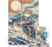 Puzzles de 1000 pièces pour Adolescents Chat chevauchant Une Tortue sur Les Vagues Casse-tête pour décoration Murale 38x26cm