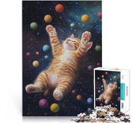 Puzzles de 1000 pièces pour Adolescents Chat dans l'espace avec des pelotes de Laine Jeu de Quiz Cadeau Amusant 52x38cm