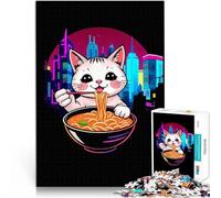 Puzzles de 1000 pièces pour Adolescents Chat Mangeant des Ramen à Neon City Défi Difficile Améliorer la mémoire 75x50cm
