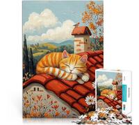 Puzzles de 1000 pièces pour Adolescents Chat Paresseux sur Le Toit 鈥6Na茂f Cosy Countryside Art Jeux de détente Jeu de défi Unique 38x26cm