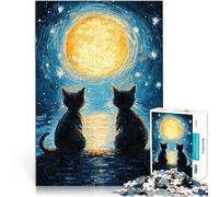 Puzzles de 1000 pièces pour Adolescents Chats Lune Nuit étoilée Analyse et logique avec Affiche et Feuille de Questions correspondantes 26x38cm