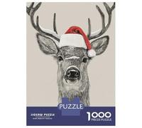 Puzzles De 1000 Pièces pour Adolescents Christmas Deer Portrait with Santa Hat Puzzles pour Adultes Jeux Relaxants Course De Vitesse Manuelle Cadeaux Anti-Stress 70x50cm/1000pcs