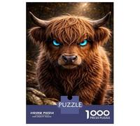 Puzzles De 1000 Pièces pour Adolescents Highland Cow with Glowing Blue Eyes Puzzle Adulte Jeu Manuel Amusant Et Humoristique Cadeau Anti-Stress 38x26cm/1000pcs