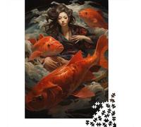Puzzles De 1000 Pièces Pour Adolescents Japanese Woman with Carp Painting Puzzles Pour Adolescents Vacances À La Maison Tuer Le Temps Stimuler Le Cerveau Amusant En Famille Et Soirée Jeux 70x50cm/1000