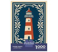 Puzzles De 1000 Pièces pour Adolescents Lighthouse Illustration with Floral Border Puzzle pour Adultes Relax Games Hand Speed Race Offre Cadeaux pour Toute La Famille 38x26cm/1000pcs