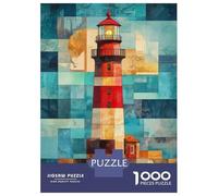 Puzzles De 1000 Pièces pour Adolescents Lighthouse in Geometric Art Modern Coastal Art Puzzles pour Adultes Jeux Anti-Stress Analyse Et Logique Cadeaux d'anniversaire Uniques 52x38cm/1000pcs