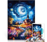 Puzzles de 1000 pièces pour Adolescents Peinture d'église du Ciel Nocturne Impossible avec Affiche et Feuille de Questions correspondantes 75x50cm
