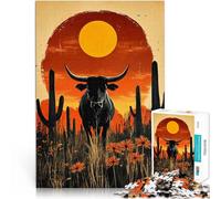 Puzzles de 1000 pièces pour Adolescents Taureau au Coucher du Soleil dans Le désert Jeu Stimulant décoration Murale 52x38cm