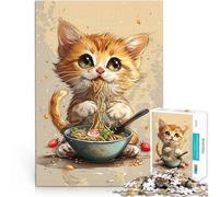 Puzzles de 1000 pièces pour Adolescents Un Chat Mignon Mange des Ramen Jeu de Quiz Activités Amusantes à la Maison, Cadeaux d'anniversaire, Cadeaux de Voyage, 52x38cm