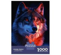 Puzzles De 1000 Pièces pour Adolescents Wolf Portrait with Red and Blue Lighting Puzzles pour Adolescents, Jeu De Réflexion Amusant Et Humoristique, Cadeau d'anniversaire Unique 38x26cm/1000pcs