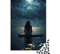Puzzles De 1000 Pièces pour Adolescents Woman Sitting on Rock in Rain Puzzles pour Adultes Jeux Relaxants Décoration Intérieure pour Anniversaire, Noël 38x26cm/1000pcs