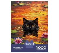 Puzzles De 1000 Pièces pour Adultes - Cadeaux Black Cat in Water Lilies Puzzle - Jeux Amusants - Découpe De Précision - Cadeaux pour Les Amis Et La Famille 70x50cm/1000pcs