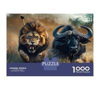 Puzzles De 1000 Pièces pour Adultes - Cadeaux The Powerful African Lion Chasing Buffalo - Wildlife Photo Puzzles pour Adultes - Jouets À Monter Soi-même - Décoration Intérieure - Cadeaux pour Amis Et