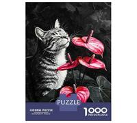 Puzzles De 1000 Pièces pour Adultes Cat and Anthurium Flowers Painting Puzzle pour Adolescents Découpe De Précision Interaction Parent-Enfant Cadeaux Anti-Stress 70x50cm/1000pcs