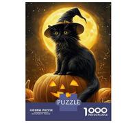 Puzzles De 1000 Pièces pour Adultes Cat on Pumpkin Moonlit Puzzle Jeux De Famille Difficile Difficile Cadeaux Uniques pour Anniversaire Et Noël 52x38cm/1000pcs