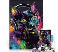 Puzzles de 1000 pièces pour Adultes Chat Noir Cool DJ Cat avec Casque défi éducatif Renforcer l'amour Entre Les Couples 75x50cm