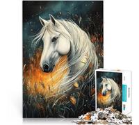 Puzzles de 1000 pièces pour Adultes Cheval Blanc et Herbe d'automne Casse-tête avec des pièces de Formes aléatoires entièrement imbriquées 75x50cm