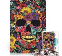Puzzles de 1000 pièces pour Adultes Crâne en Fleurs Entraînez Votre Cerveau et Vos Mains avec Affiche et Feuille de Questions correspondantes 75x50cm