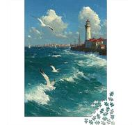 Puzzles De 1000 Pièces pour Adultes Et Adolescents Beach Lighthouse Painting Puzzle Jeux Amusants Défi Difficile Interaction Parent-Enfant 52x38cm/1000pcs