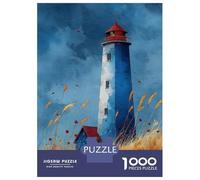 Puzzles De 1000 Pièces pour Adultes Et Adolescents Watercolor Lighthouse Art Blue Lighthouse with Grasses Calm Coastal Print Puzzles pour Adultes, Jouet, Décoration Murale, Défi De Vitesse, Difficil